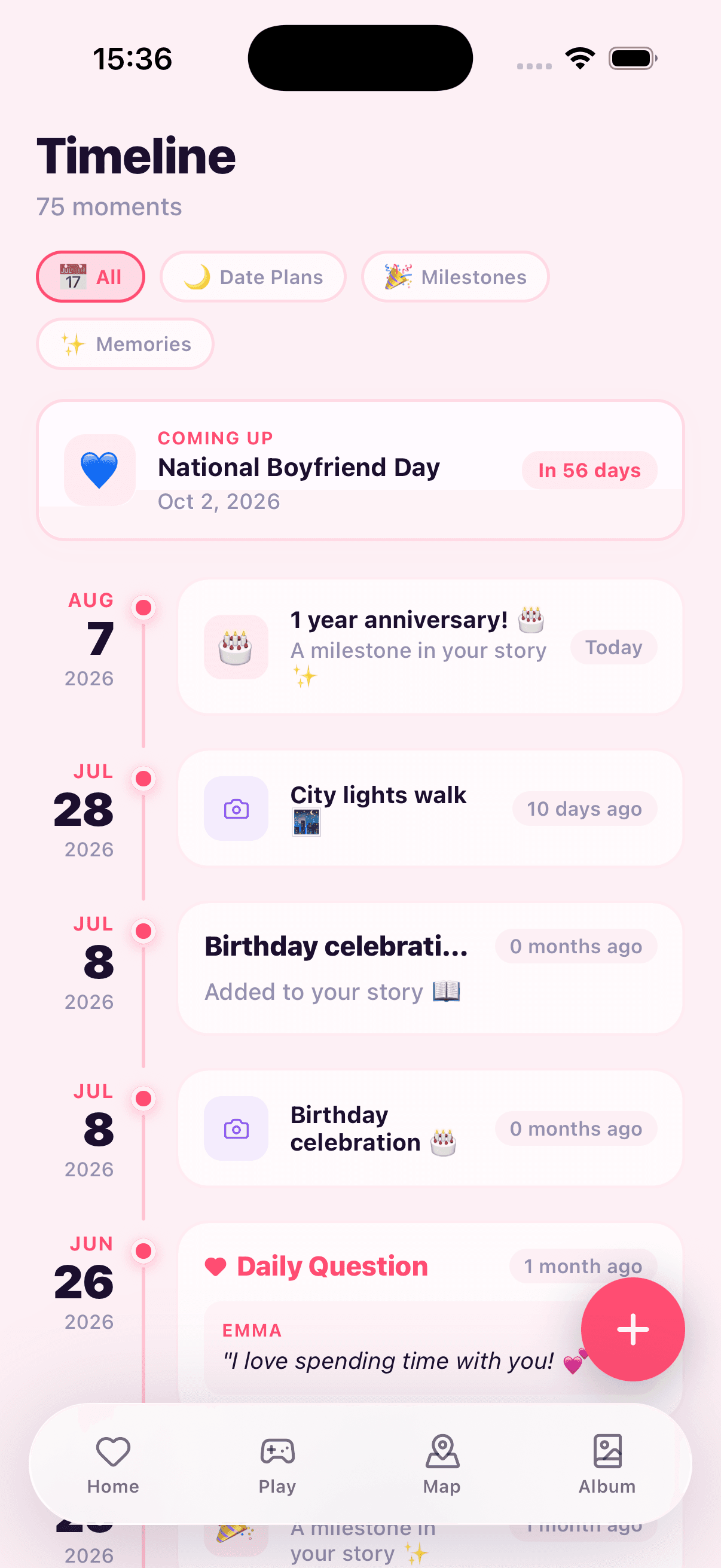 HeartSee relationship timeline with dates and milestones